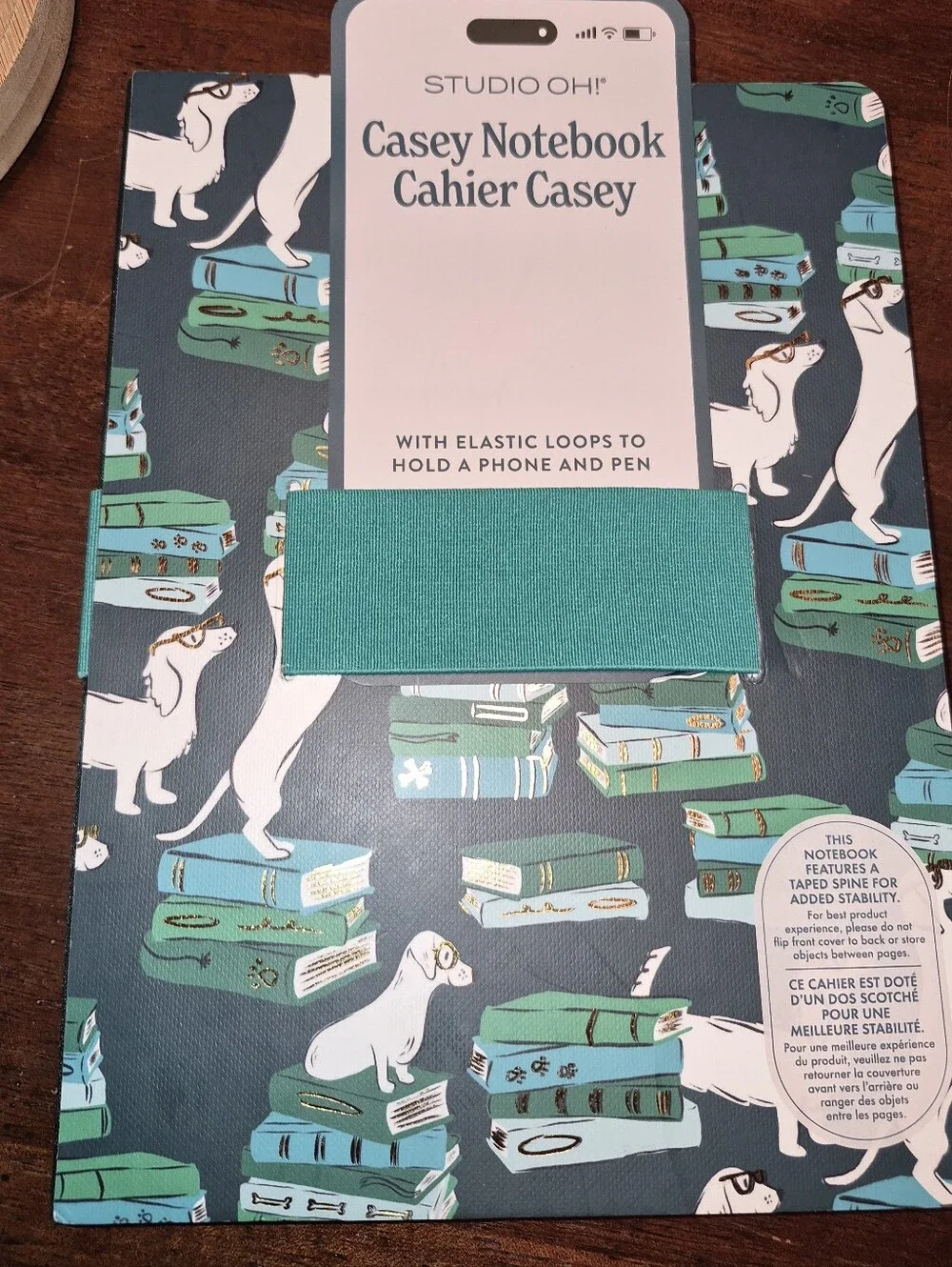 Studio Oh! Casey Notebook — Teal Elastic with Navy & Teal Dachshund Print.